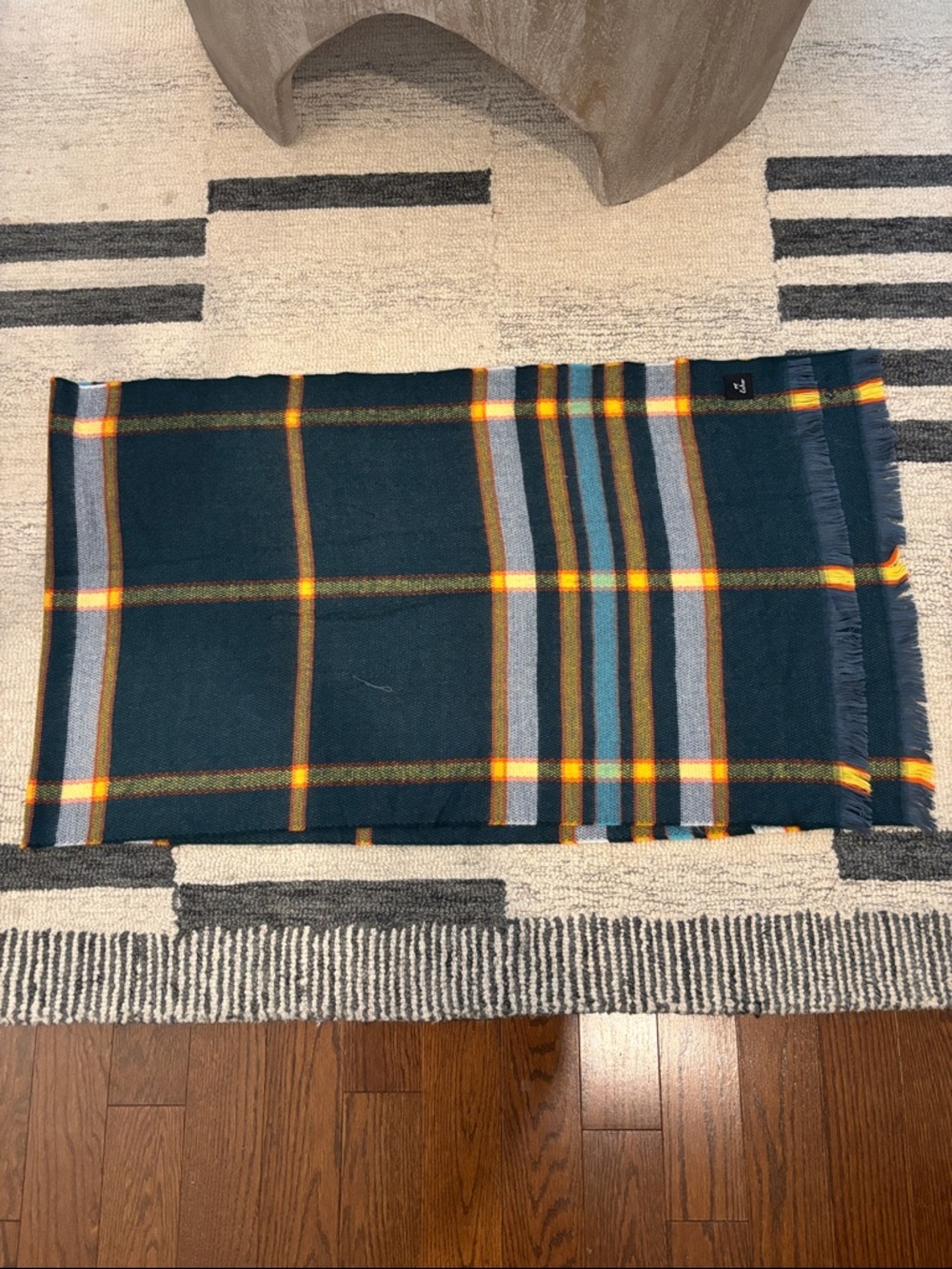 Echo Plaid Scarf Navy Yellow Tartan Fringe Wrap - Picture 4 of 12